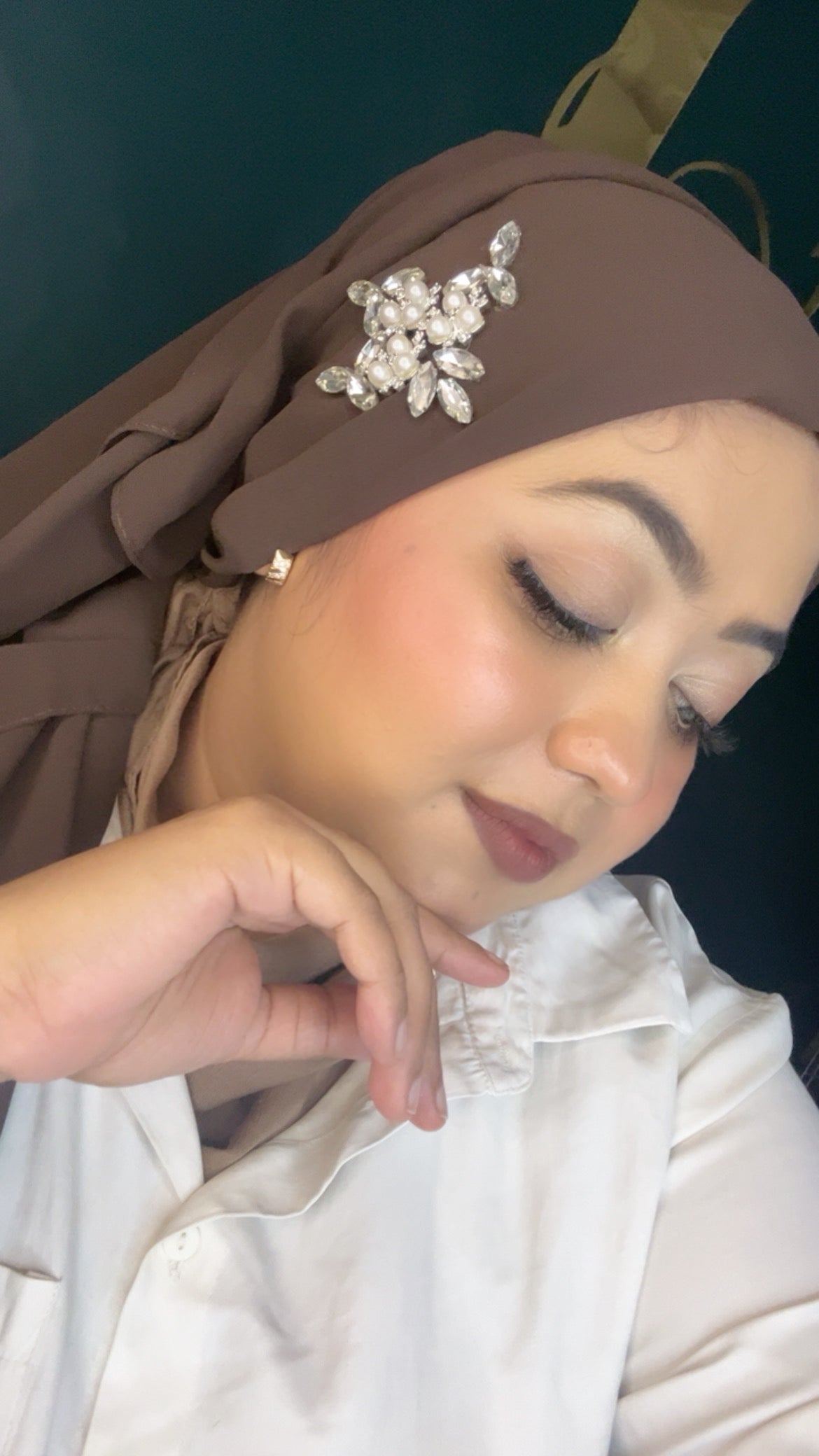 Premium Chiffon Pearl & Crystal Embellished Hijab – Mocha Brown | Sahbibaah Studio