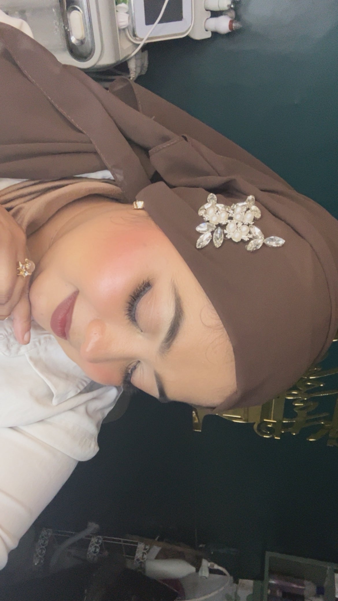 Premium Chiffon Pearl & Crystal Embellished Hijab – Mocha Brown | Sahbibaah Studio