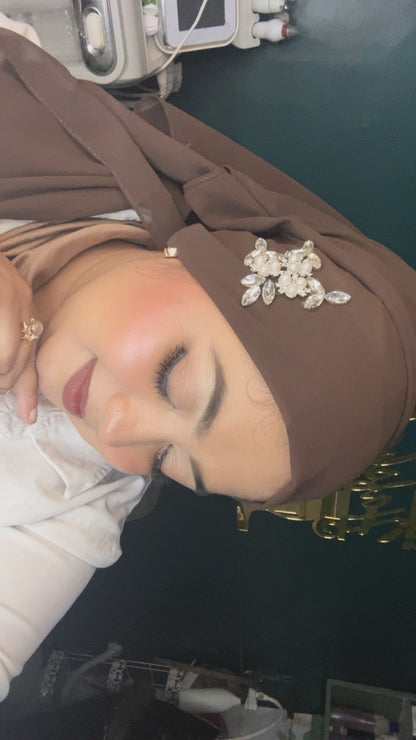 Premium Chiffon Pearl & Crystal Embellished Hijab – Mocha Brown | Sahbibaah Studio