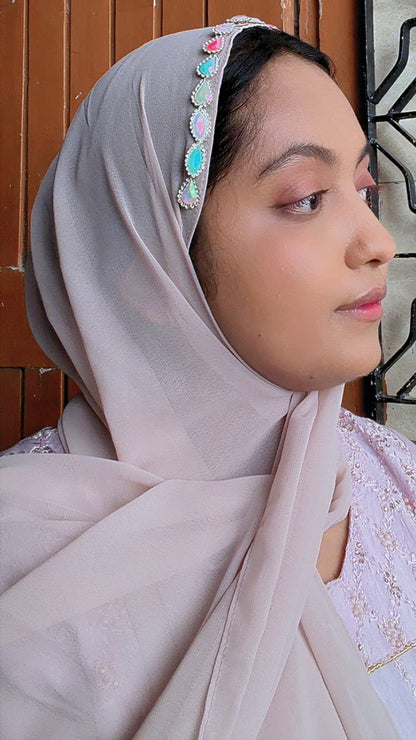 Premium Wide Chiffon Embellished Hijab – Ivory Aurora