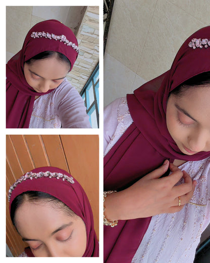 Premium Chiffon Embellished Hijab – Burgundy Crystal Luxe