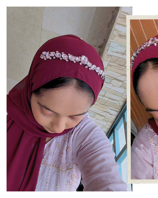 Premium Chiffon Embellished Hijab – Burgundy Crystal Luxe