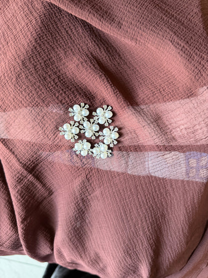 Luxury Dusty Rose Crinkle Hijab | Handmade Pearl & Crystal Floral Design