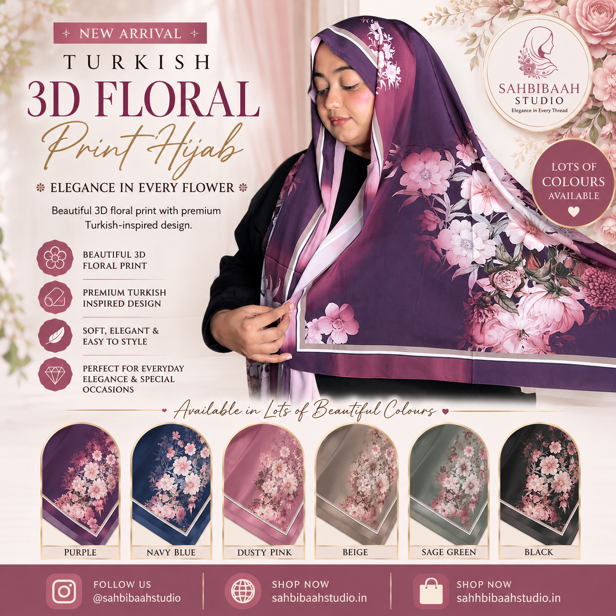 Turkish 3D Floral Print Hijab | Imported Printed Hijab – Sahbibaah Studio