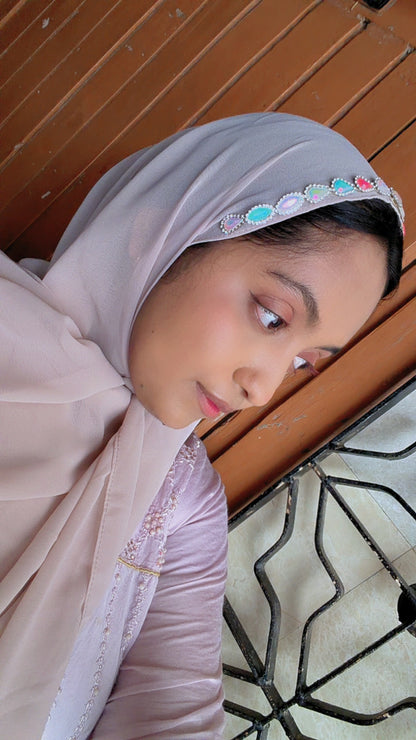 Premium Wide Chiffon Embellished Hijab – Ivory Aurora