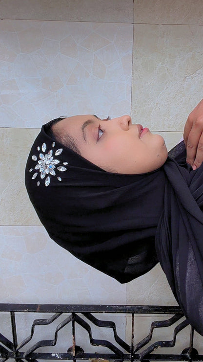 Luxury Hijab with Handcrafted Crystal Floral Design