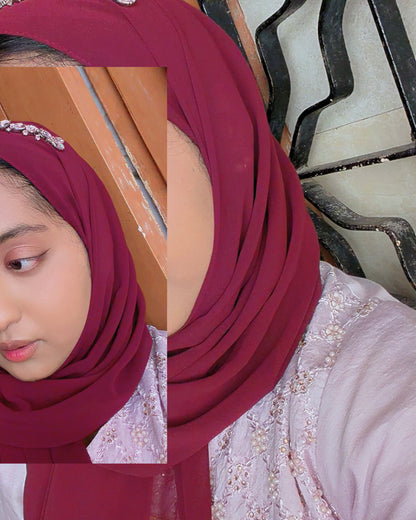 Premium Chiffon Embellished Hijab – Burgundy Crystal Luxe