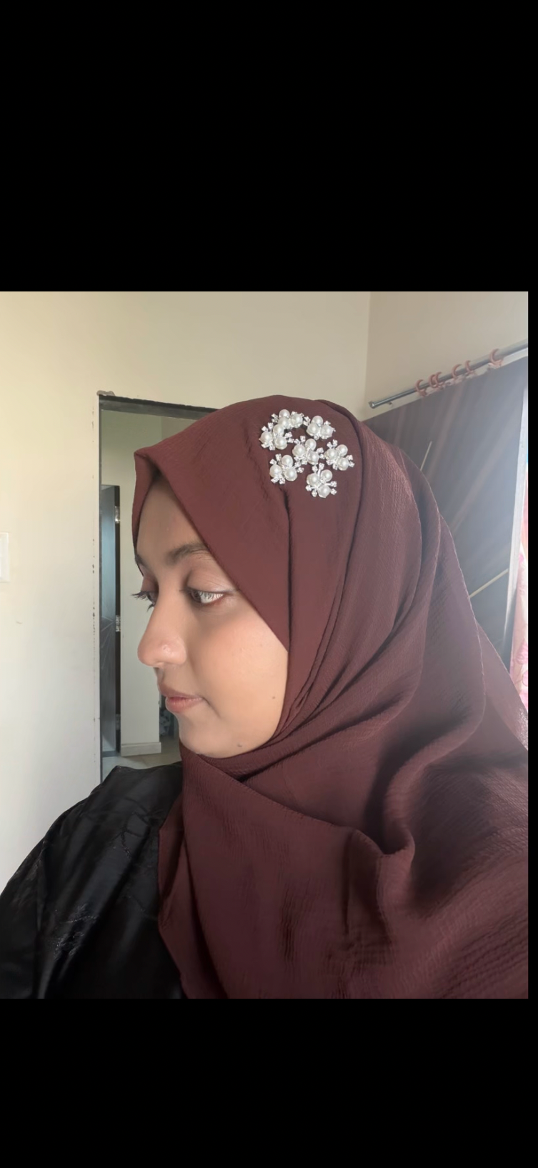 Luxury Dusty Rose Crinkle Hijab | Handmade Pearl & Crystal Floral Design