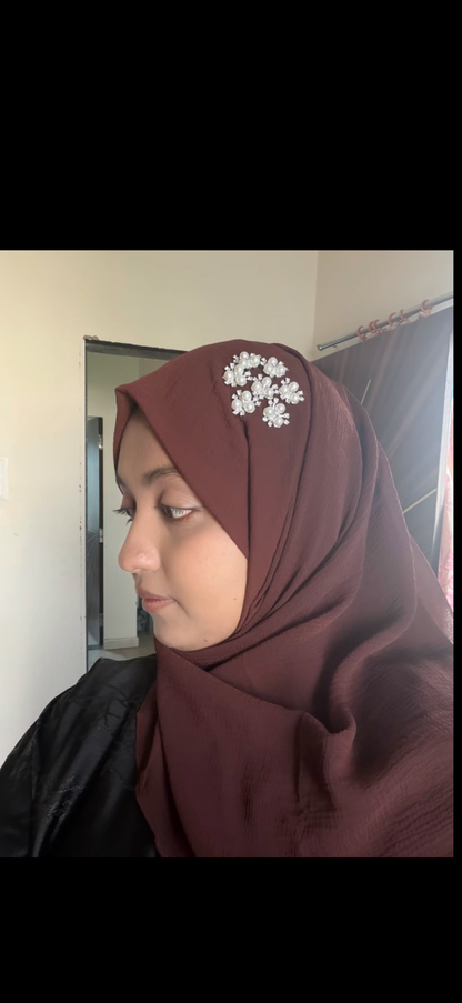 Luxury Dusty Rose Crinkle Hijab | Handmade Pearl & Crystal Floral Design