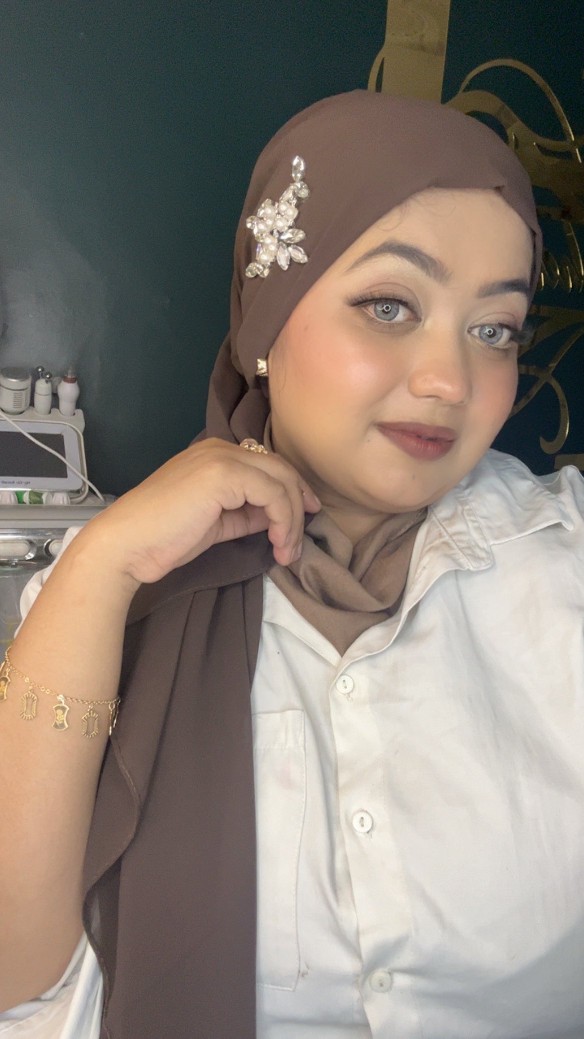 Premium Chiffon Pearl & Crystal Embellished Hijab – Mocha Brown | Sahbibaah Studio